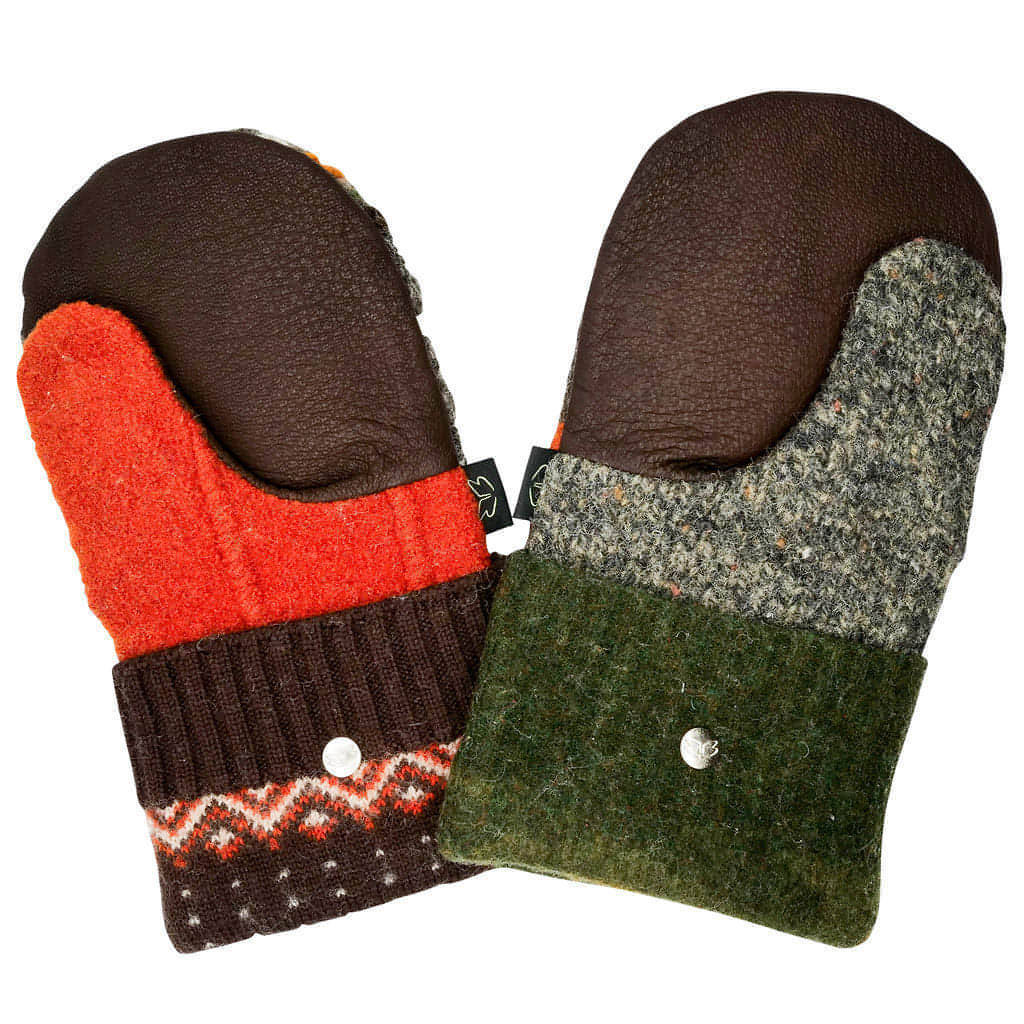 Men's SUEDE palm felted wool Bernie mittens, upcycled wool sweater mittens, warm lined mens mittens, top mens recycled sweater miittens size L