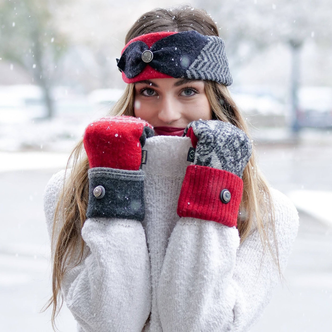 women's red black and gray upcycled wool sweater mittens